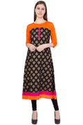 Women's Orange Round Neck Kurti With Contrast Panel In Printed Gold - G & A Apparels | Grocsy