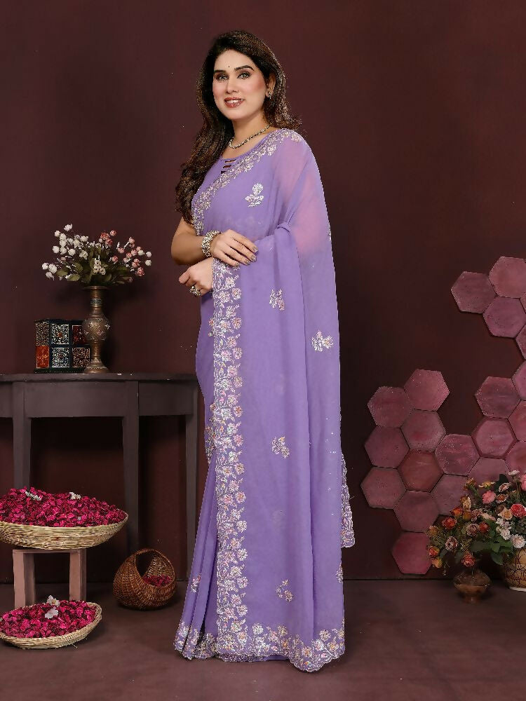 PR Fashion Lavender Georgette Embroidery Work With Embroidery Work Blouse Saree | Grocsy