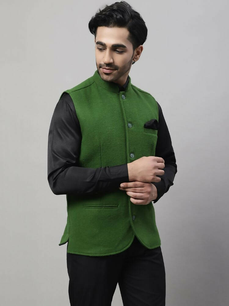 Even Apparels Pure Wool Nehru Jacket - Green | Grocsy
