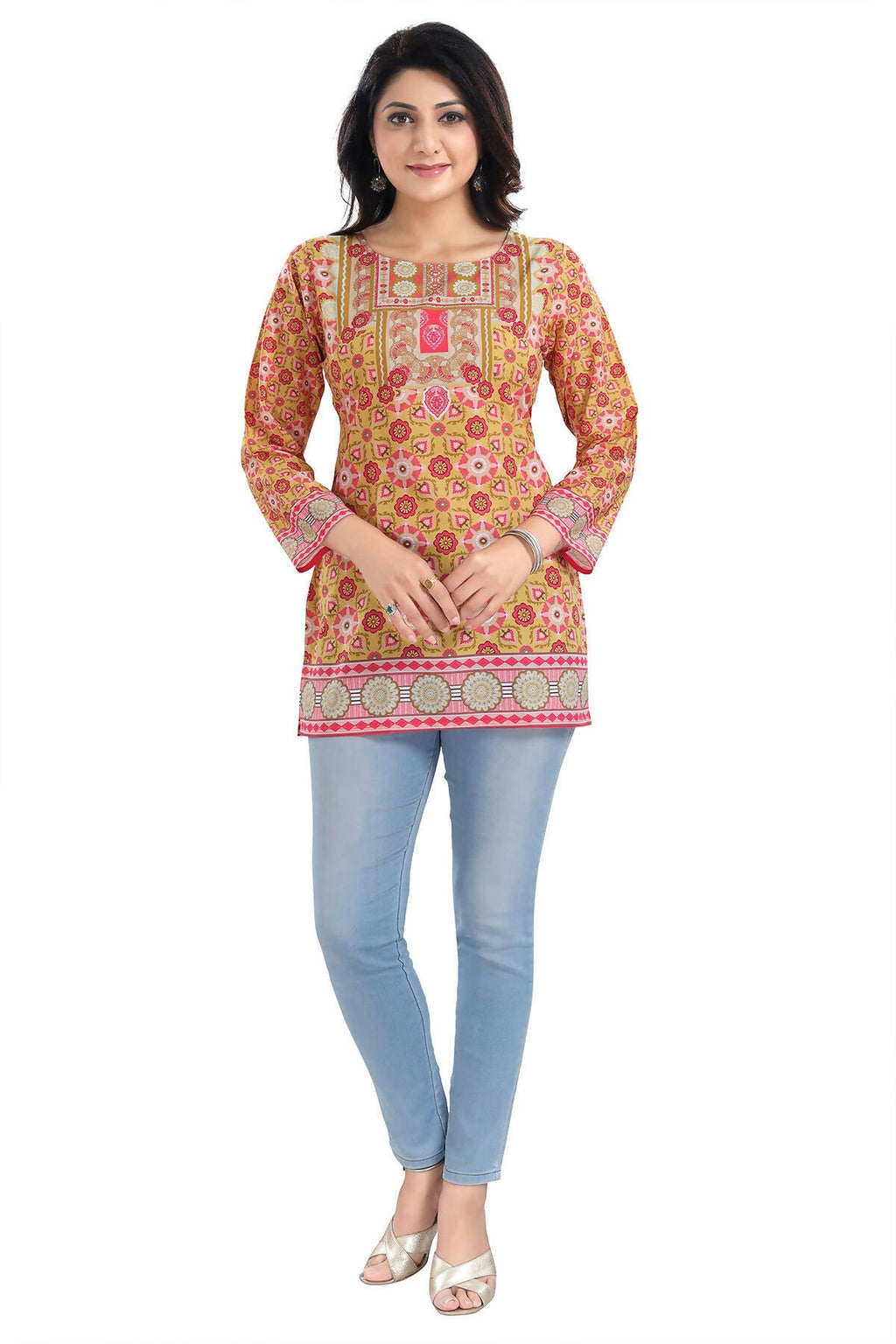 Snehal Creations Yellow Faux Crepe Short Kurti Tunic Top | Grocsy