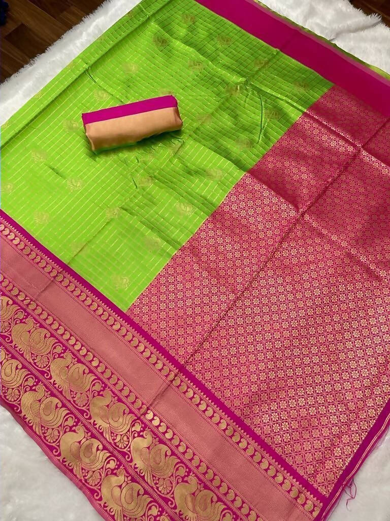 DEIANA'S Beautiful Designer Golden zari Soft Lichi Silk Saree - Parrot | Grocsy