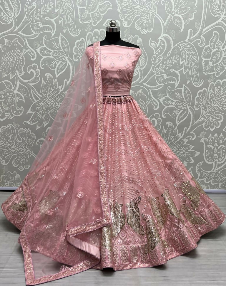 Jyoti Fashion Women's Pink Bridal Net Fancy Foil & Sequins with Multi Thread Embroidered Wedding Lehenga Choli | Grocsy