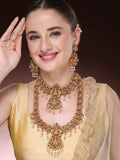 NVR Women's Set of 2 Gold-Polished Green & Red Stone Studded Lakshmi Design Temple Jewellery Set | Grocsy