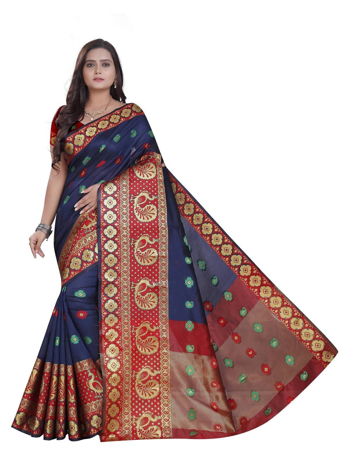 Vamika Banarasi Cotton Silk Navy Blue Weaving Saree | Grocsy