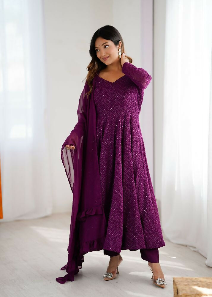 Joban Fashion Wine Kurta Set Georgette Sequence Embroidery Work | Grocsy