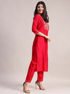 Aavyora Women's Red Embroidered Roman Silk Kurta, Palazzo & Organza Dupatta Set | Grocsy