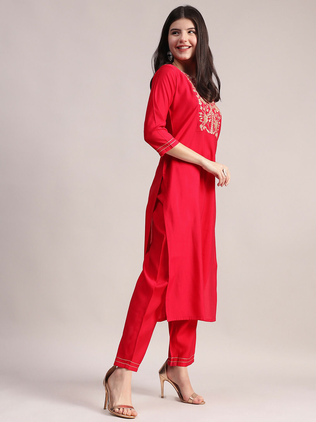 Aavyora Women's Red Embroidered Roman Silk Kurta, Palazzo & Organza Dupatta Set | Grocsy