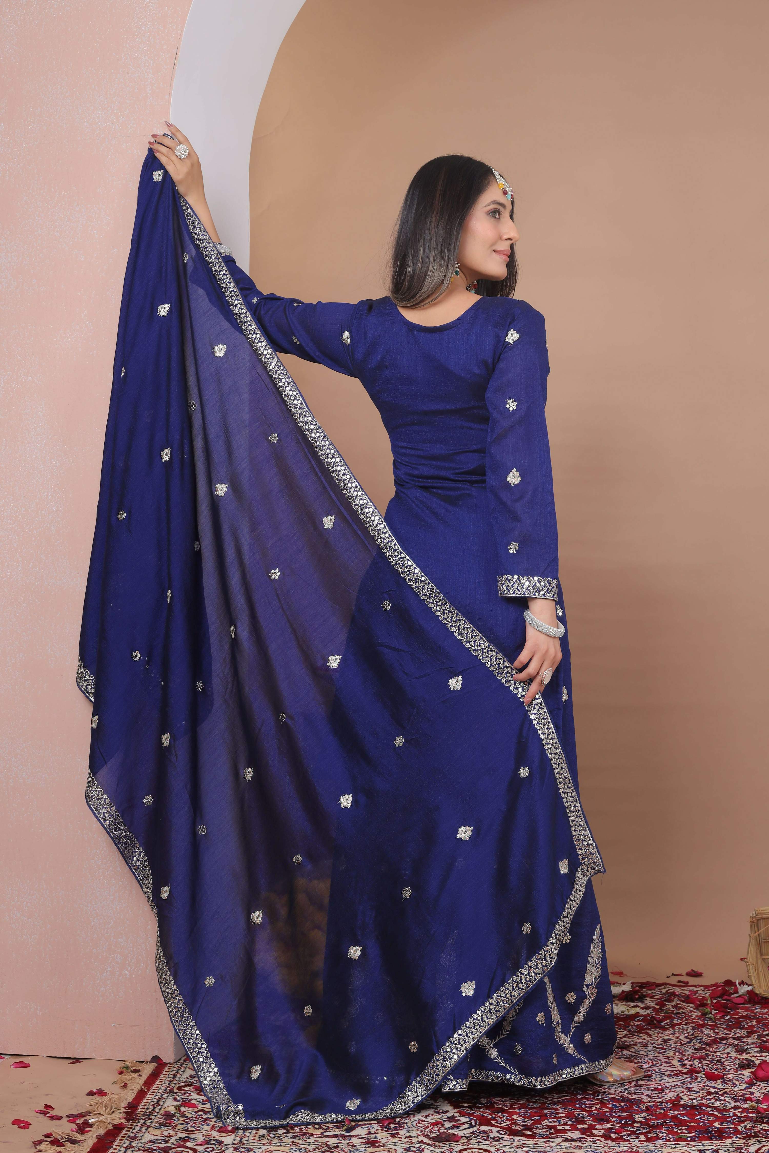 The52 Women's Gorgeous Embroidery Work Vichitra Blooming Fabric Straight Kurta Sharara and Dupatta Set-Blue | Grocsy