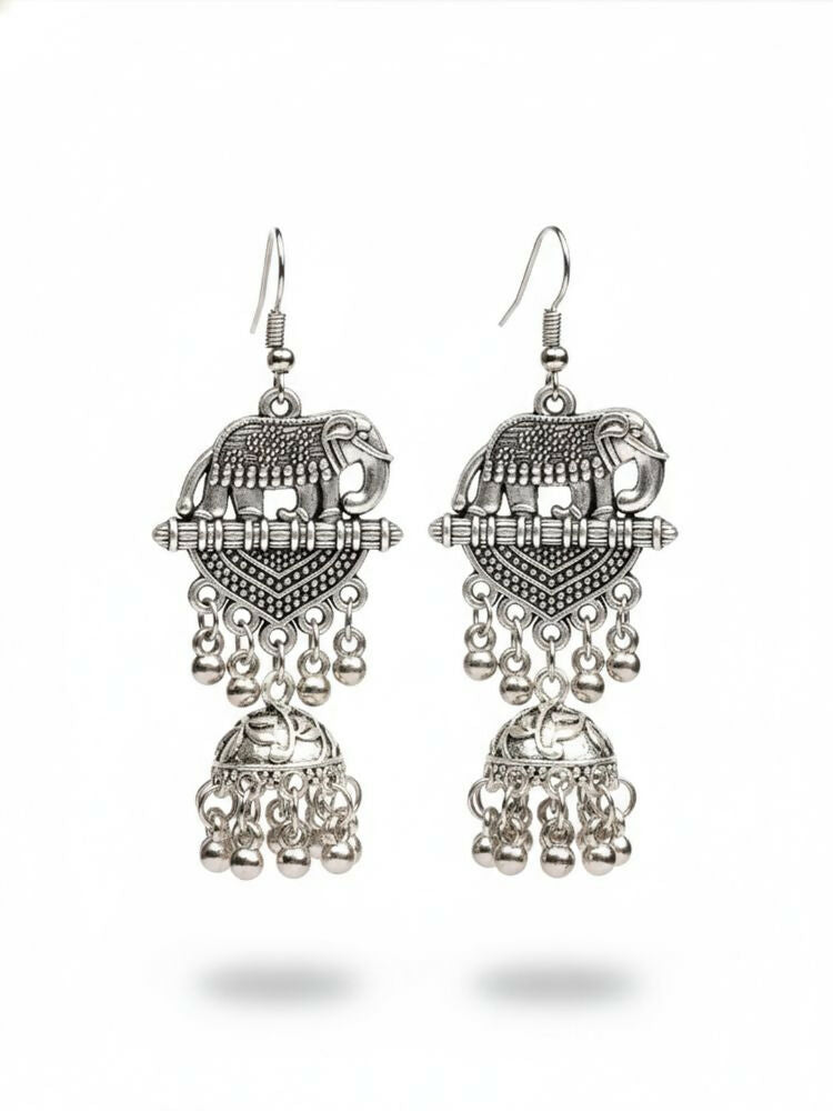 NVR Women Elephant Design German Silver Oxidised Jhumka Earrings | Grocsy