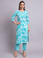 Joban Fashion Green Cotton Floral Printed & Embroidery Work Kurta With Trousers & Dupatta Set | Grocsy