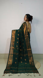 Exclusive Collection Beautiful Dark Green Cotton Silk Woven Handloom Saree With Running Blouse Piece | Grocsy