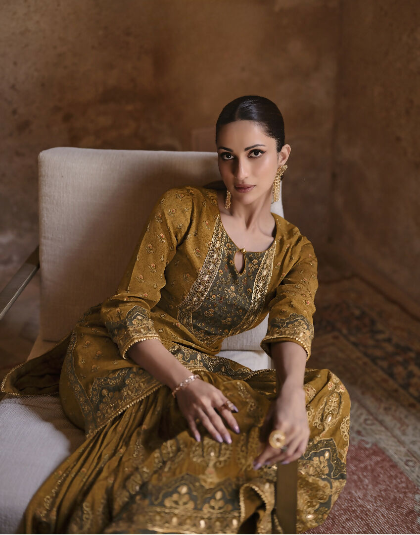 Anaita Mustard Silk Readymade Palazzo Suit with Swarovski Work | Grocsy