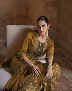 Anaita Mustard Silk Readymade Palazzo Suit with Swarovski Work | Grocsy