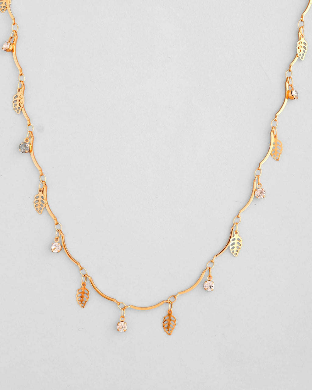 VOJ Gold-Polished Designer Chain For Women With AD Stone And Leaf | Grocsy