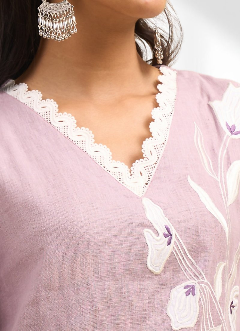 Joban Fashion Pink Linen Embroidered Readymade Long Kurta With Pant | Grocsy