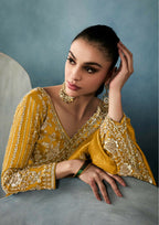 Monjolika Fashion Mustard Tissue Embroidered Sequins And Zari Work Saree | Grocsy