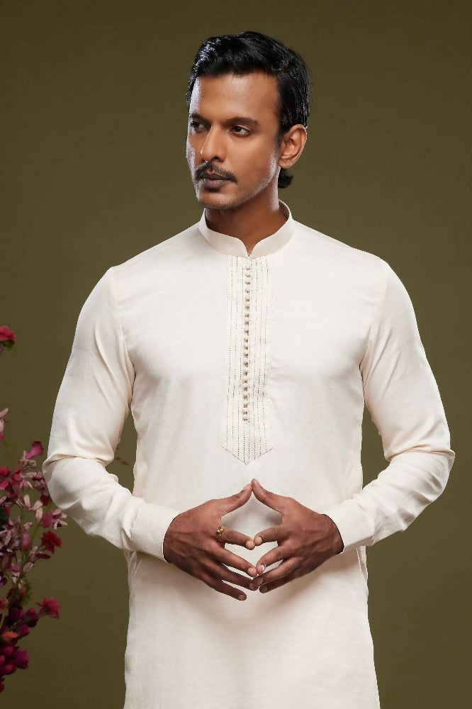 Raivat Ethnic Art Banarasi Silk Thread Work Kurta Pajama In Cream Colour | Grocsy