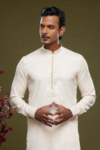 Raivat Ethnic Art Banarasi Silk Thread Work Kurta Pajama In Cream Colour | Grocsy