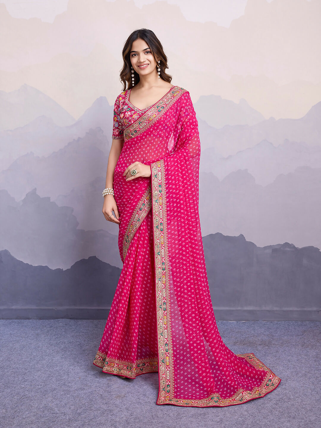 Pink Georgette Bandhani Printed,Embroidery Work Saree - Surkhi | Grocsy