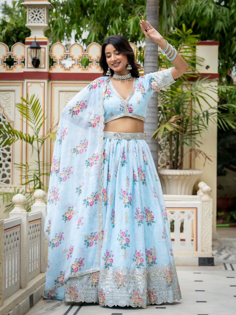 Women’s Semi-Stitched Sky Blue Star Georgette Zari Sequence Embroidery Digital Printed Work Lehenga Choli With Star Georgette Dupatta-Jihu Culture | Grocsy