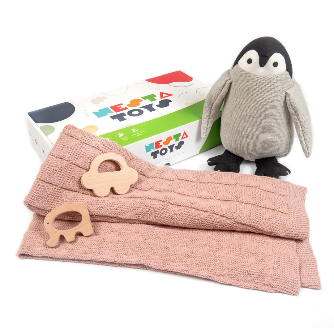 Nesta Toys Newborn Gift Set - Knitted Cotton Blanket, Penguin Plush Toy, Elephant & Car Teether | Grocsy