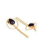 VOJ One Gram Gold-Polished Drop Shaped Black Stone Studded Earrings