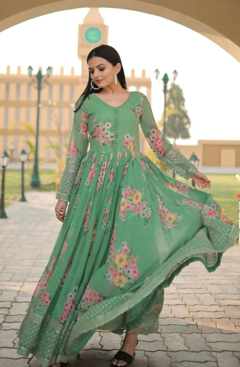 Jyoti Fashion Women's Green Digital Print with Sequence Zari Embroidered Faux Georgette Anarkali Dress | Grocsy