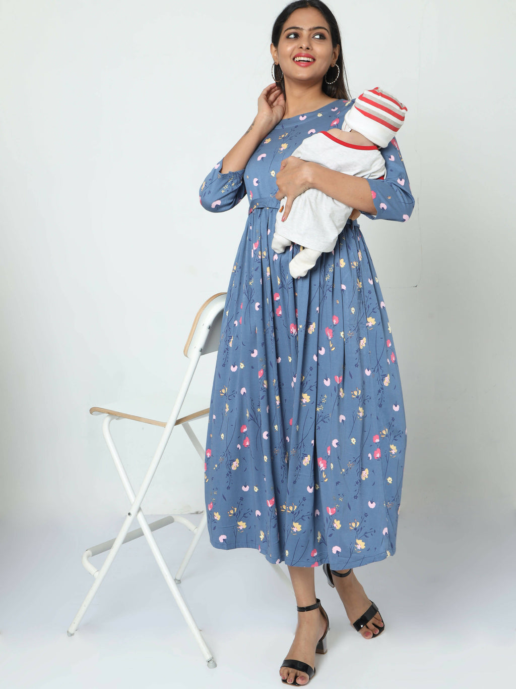 Manet Three Fourth Maternity Dress Floral Print With Concealed Zipper Nursing Access - Dark Grey | Grocsy