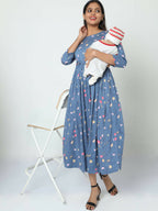 Manet Three Fourth Maternity Dress Floral Print With Concealed Zipper Nursing Access - Dark Grey | Grocsy