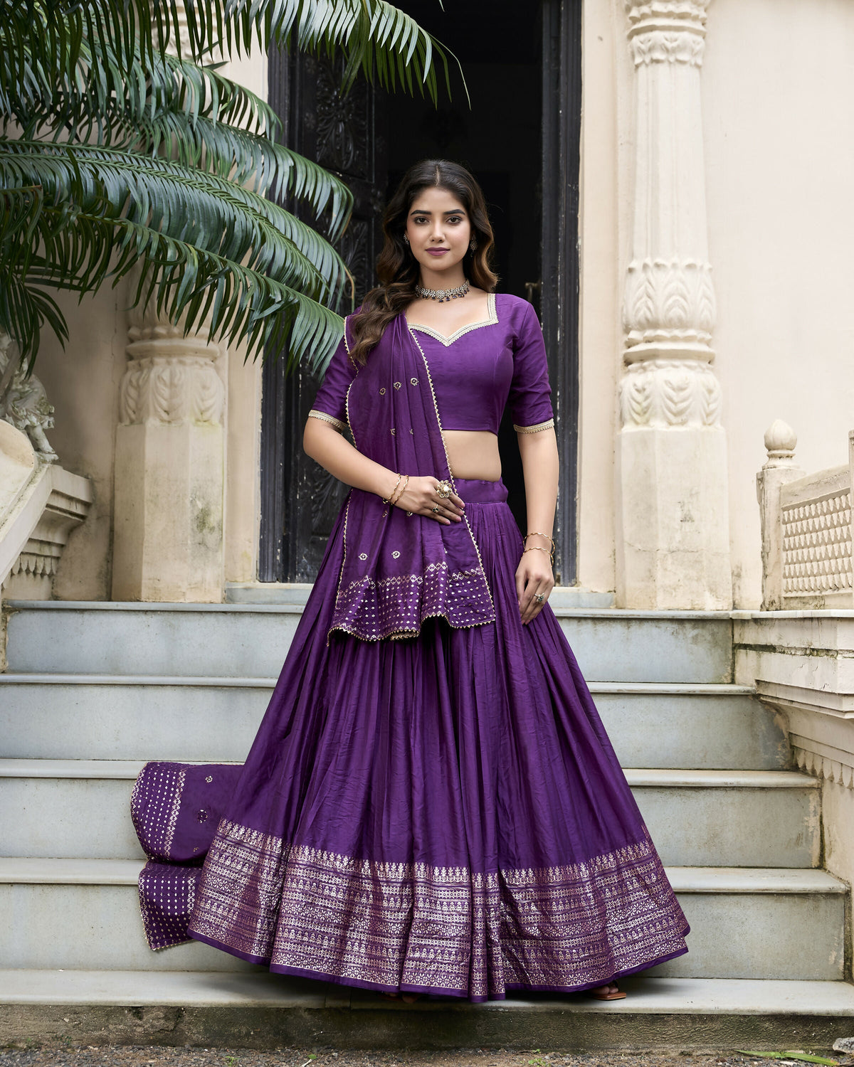 Lorenvalley Purple Pure Chanderi Plain With Zari Weaving Work Border Lehenga Choli | Grocsy