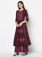 Indian Clothing Aniyah Rayon Wine Color Block Print Anarkali Kurta (AN-172K) | Grocsy