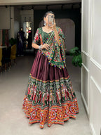 Vastranavya Traditional Patola Print With Gamthi & Mirror Work Lehenga Choli - Brown | Grocsy