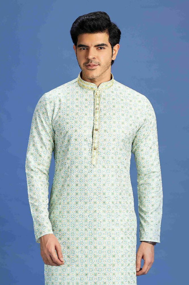 Raivat Ethnic Cotton Embroidery Kurta Pajama In Sea Green Colour | Grocsy