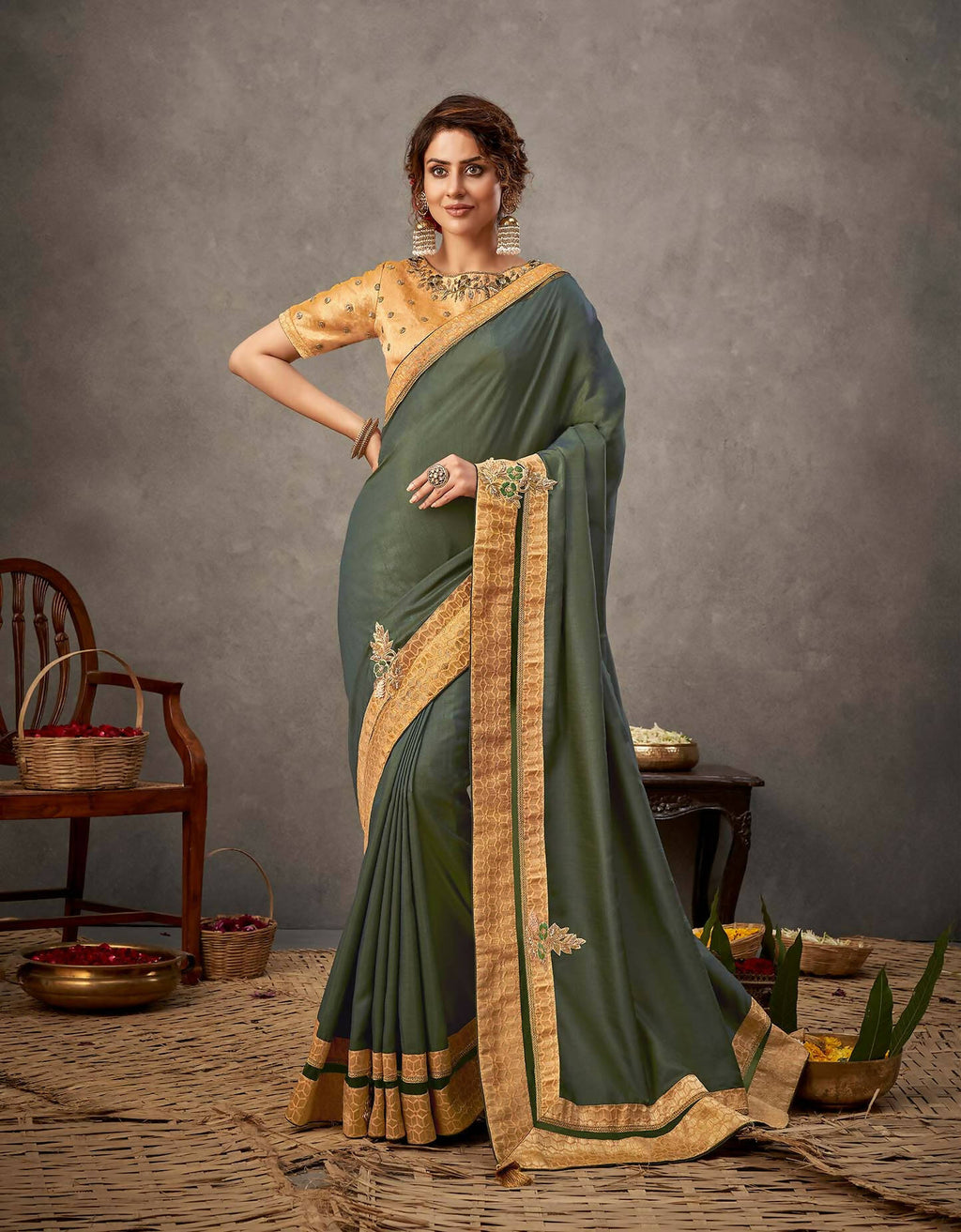Moss Green Tusser Silk Resham, Cord And Sequins Embroidery, Handwork Butta Saree - Norita Arinya | Grocsy