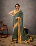 Moss Green Tusser Silk Resham, Cord And Sequins Embroidery, Handwork Butta Saree - Norita Arinya | Grocsy