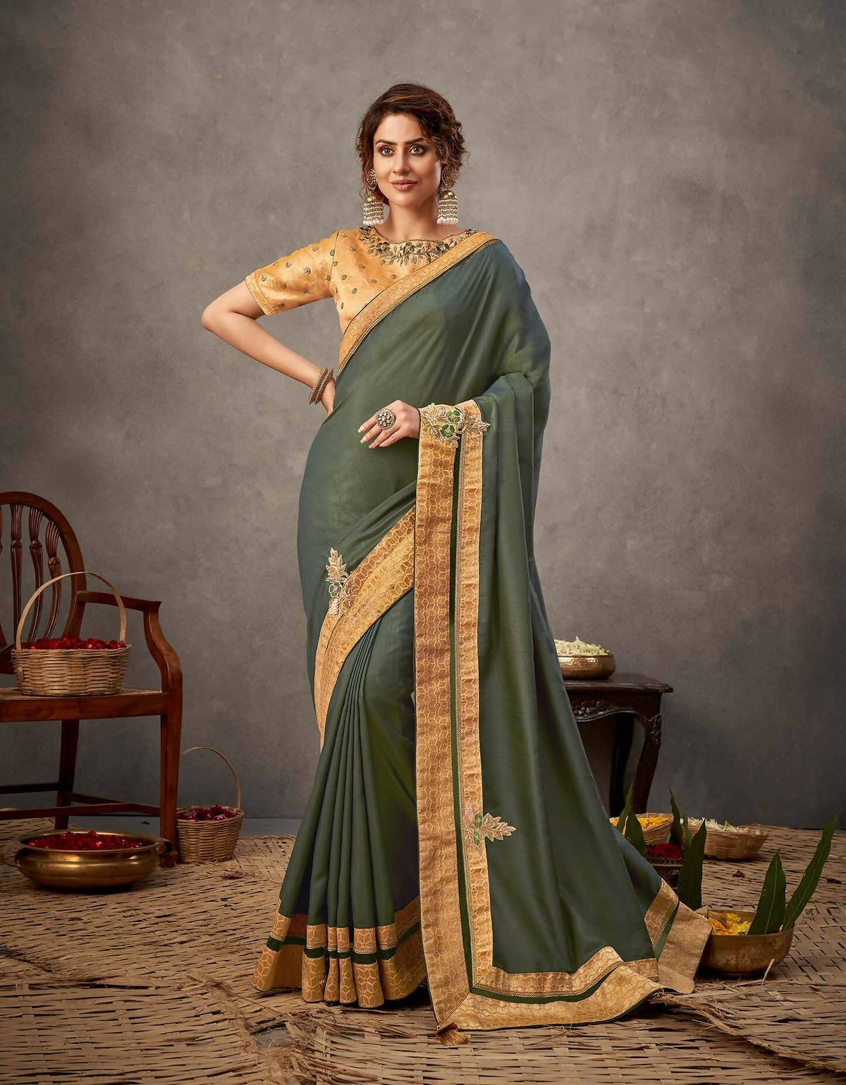 Moss Green Tusser Silk Resham, Cord And Sequins Embroidery, Handwork Butta Saree - Norita Arinya | Grocsy