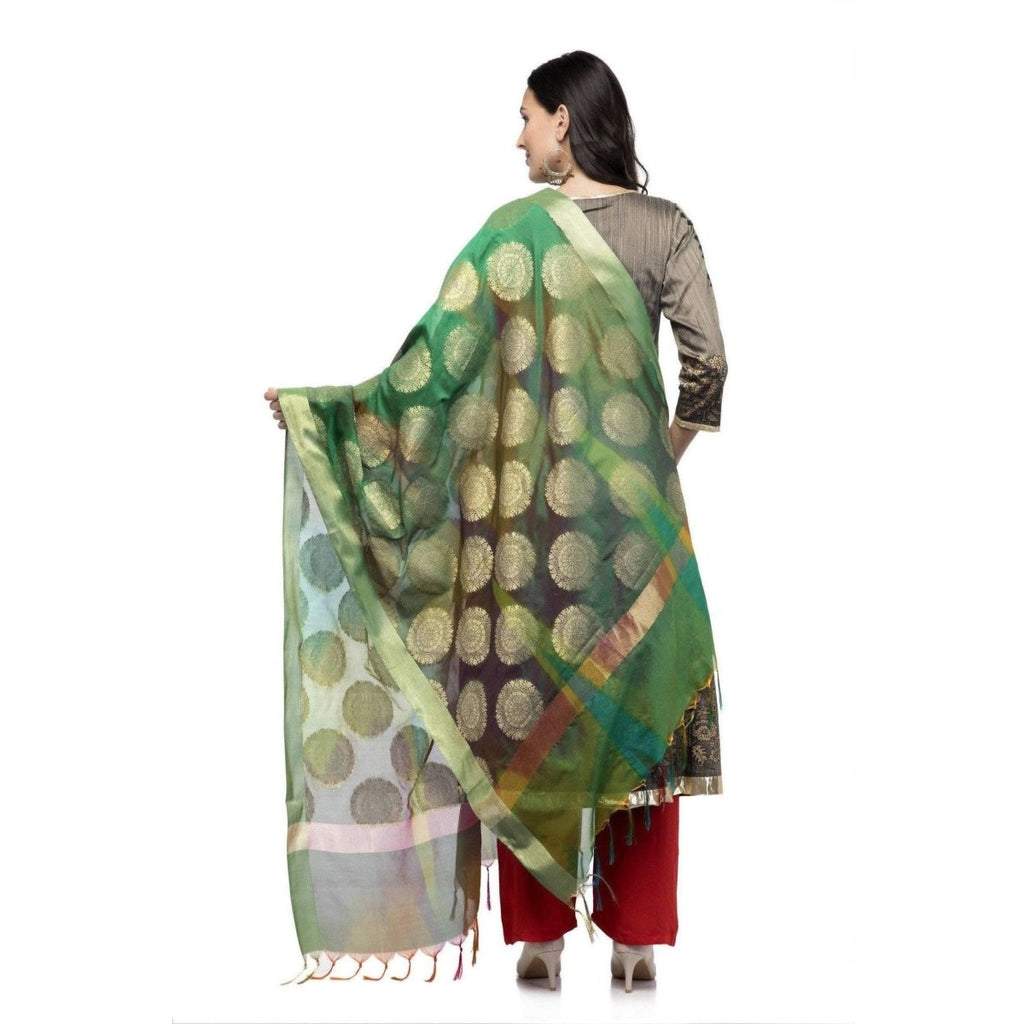 A R Silk Women's Vanarsi Green Silk Zari Embroidery With Multi Color Fancy Dupatta | Grocsy