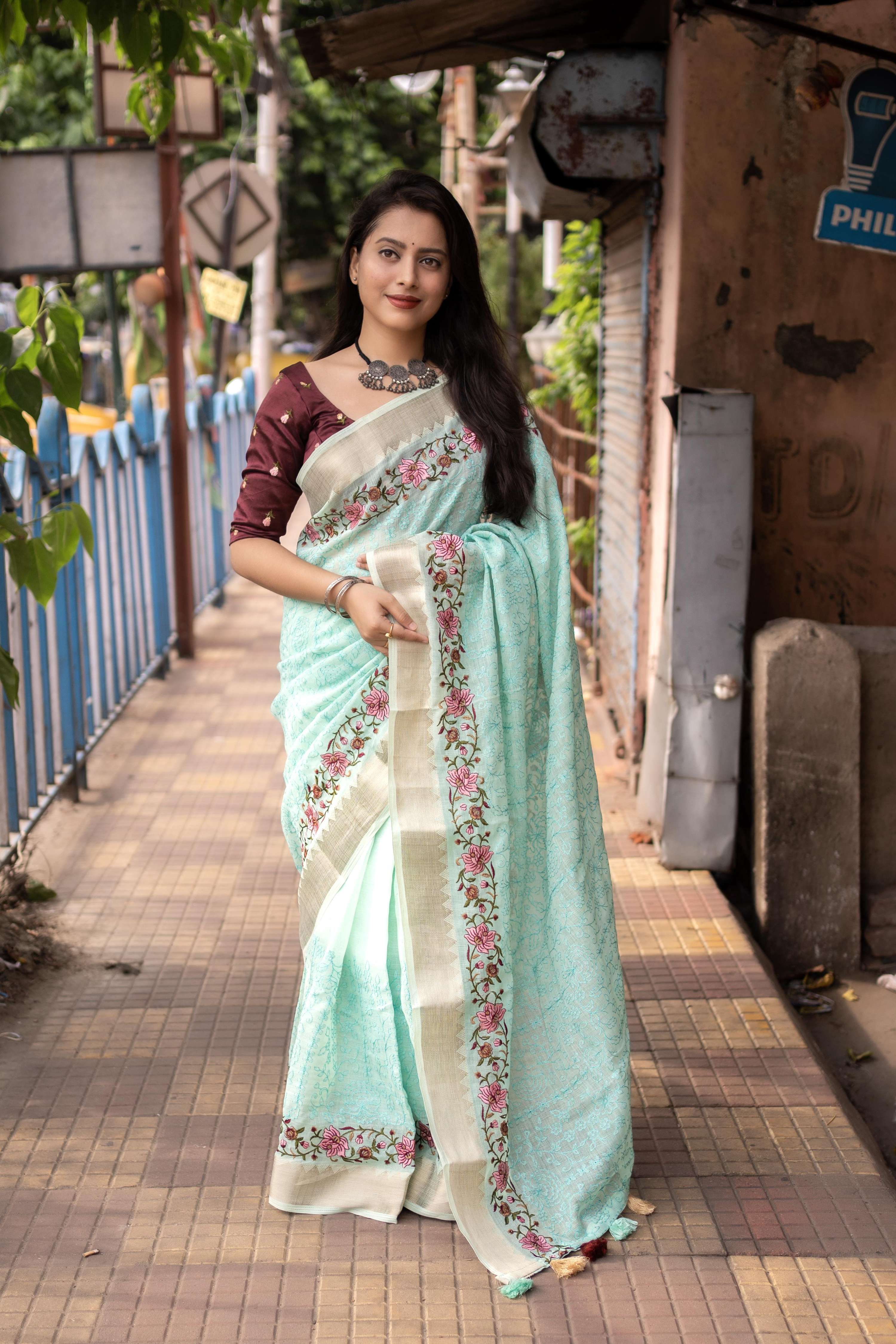 Blue Pure Linen Woven Design Saree with Unstitched Blouse - Hiral Fashion | Grocsy