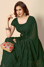 Green Georgette Embroidered and Stone Work Saree with Unstitched Blouse Piece - Roozal | Grocsy