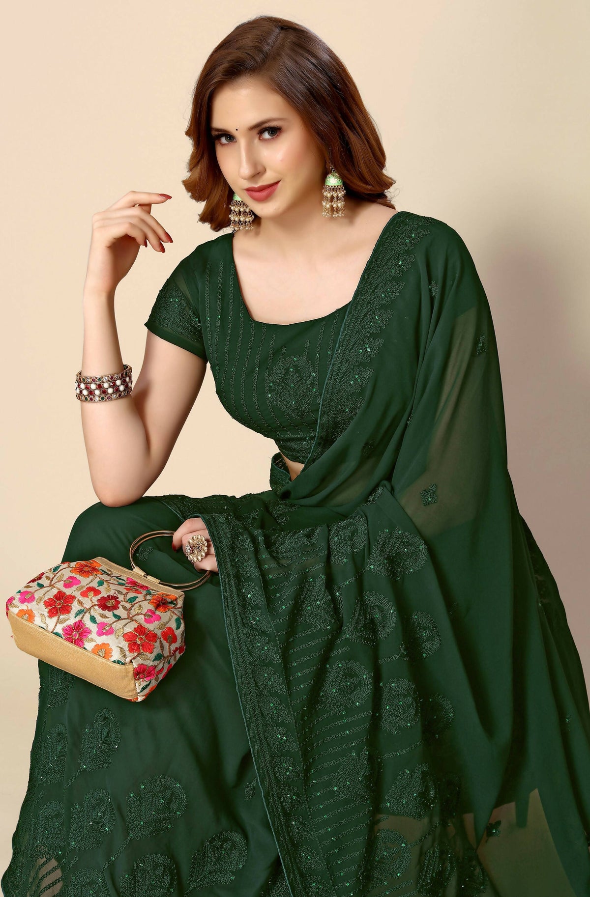 Green Georgette Embroidered and Stone Work Saree with Unstitched Blouse Piece - Roozal | Grocsy