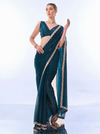 Teal Blue Burburry Designer Work Lace Border & Swarovski Work Saree - Orchid | Grocsy