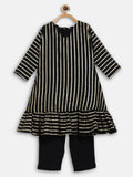 Ahalyaa Black Georgette Stripped Gold Printed Kids Kurta Pant Set For Girls | Grocsy