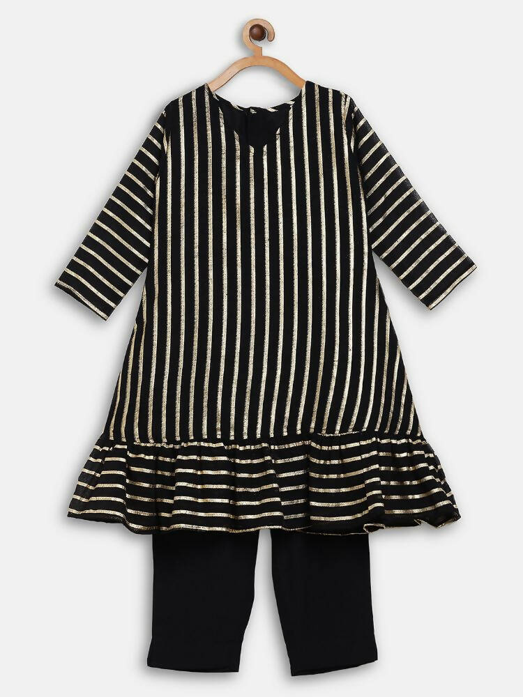 Ahalyaa Black Georgette Stripped Gold Printed Kids Kurta Pant Set For Girls | Grocsy