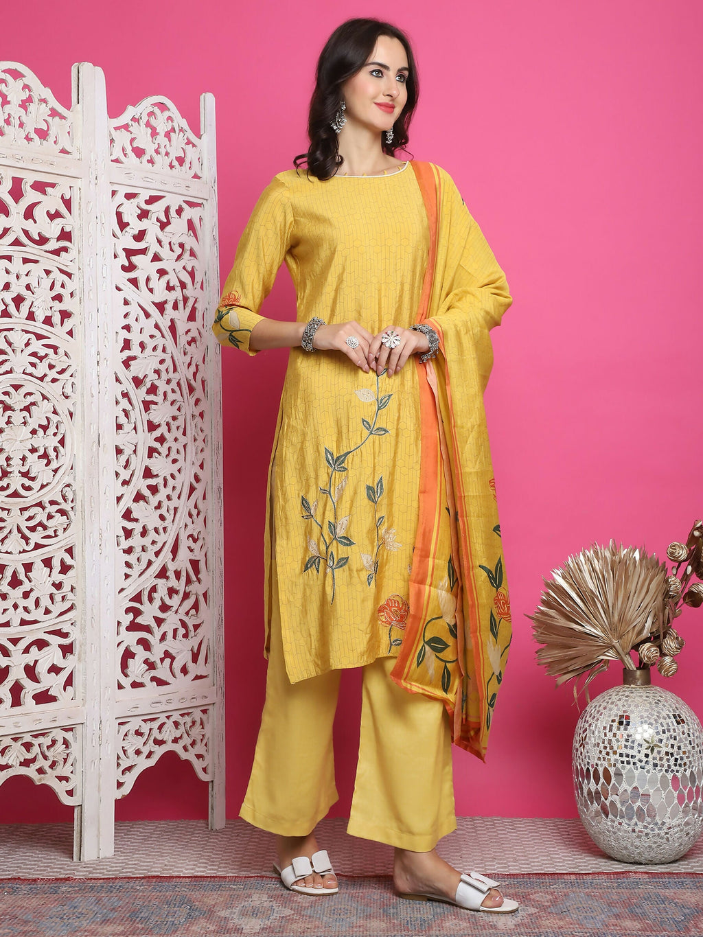 Jyoti Fashion Women's Yellow Muslin Floral Print with Jari & Crystal work Kurta with Trouser & Dupatta | Grocsy