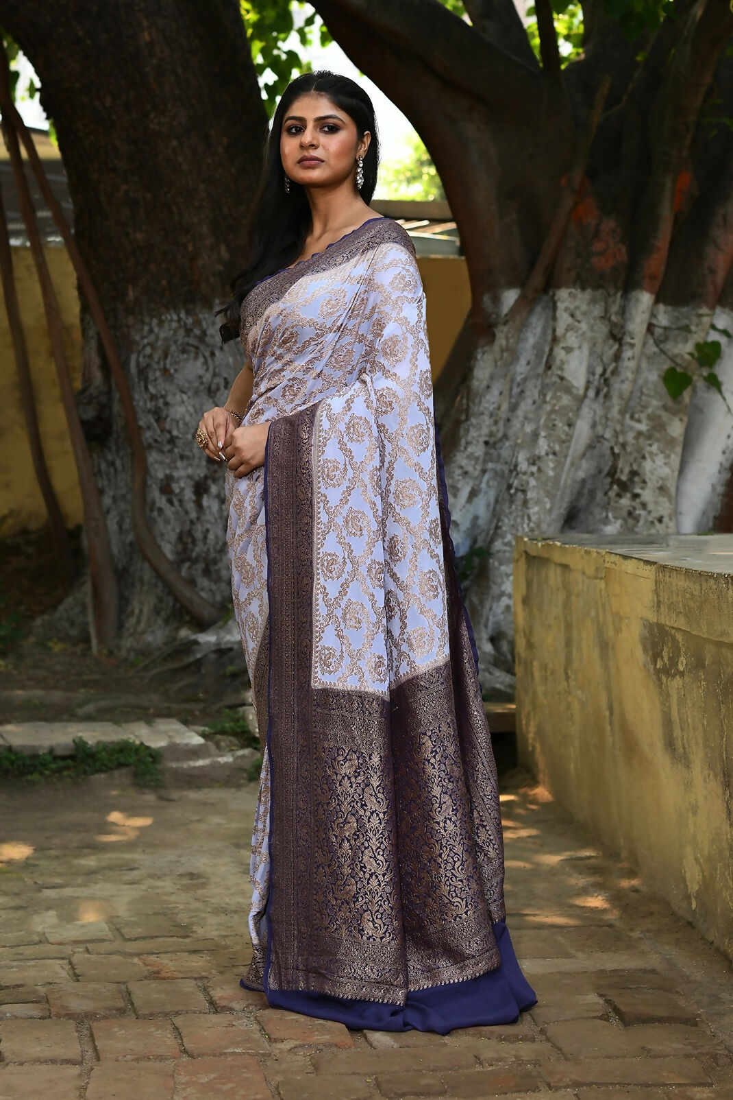Joban Fashion Pastel Blue Crepe Chiffon Pure Handloom Banarasi Silk Saree | Grocsy