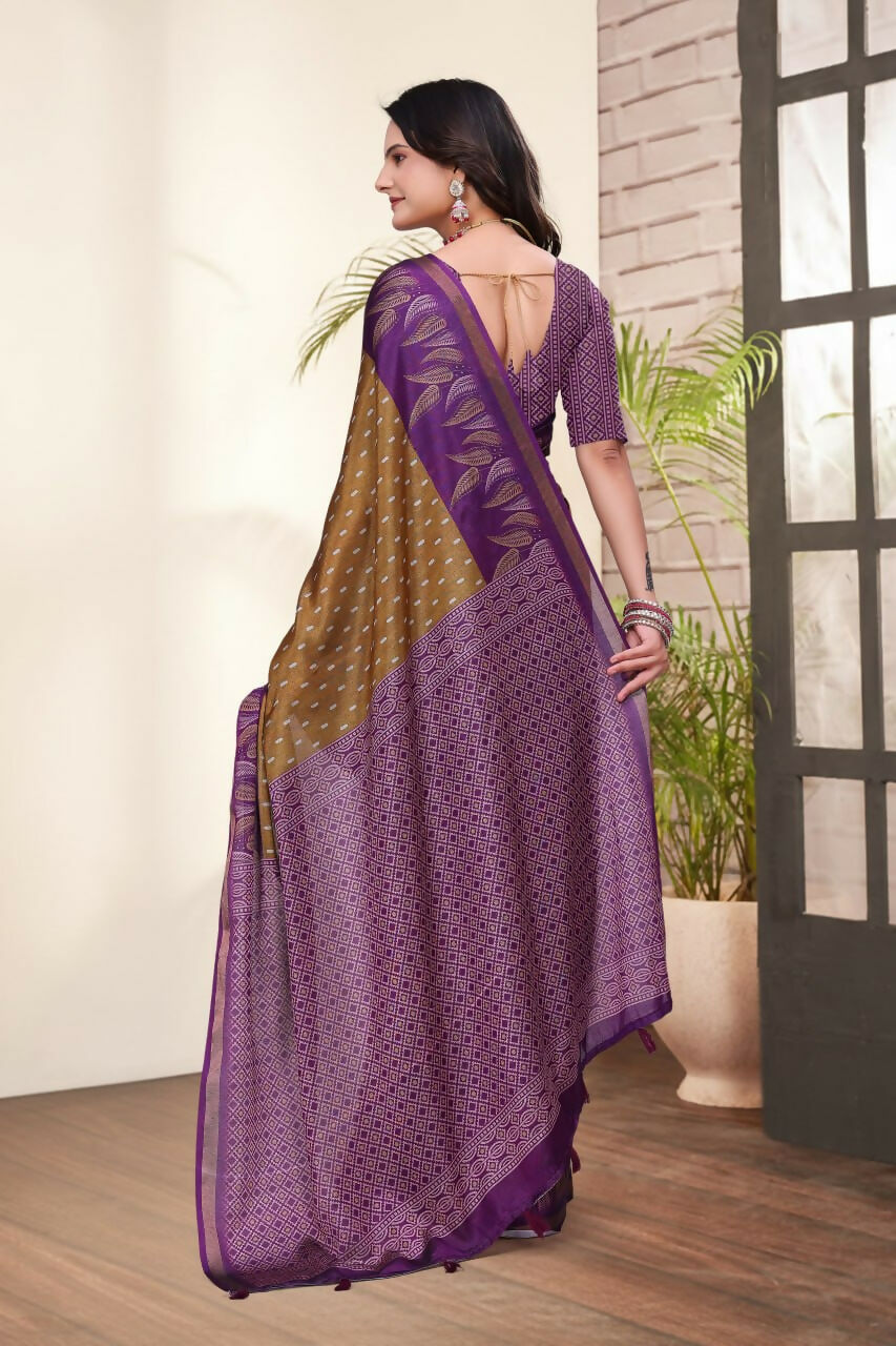 Prime Volt Mal Cotton Mustard Purple Ethnic Printed Saree with Designer Blouse Piece | Grocsy