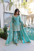 Teeya Creation Womens New Sky Color Fendi Crush With Zari & Sequins Embroidered Work | Grocsy