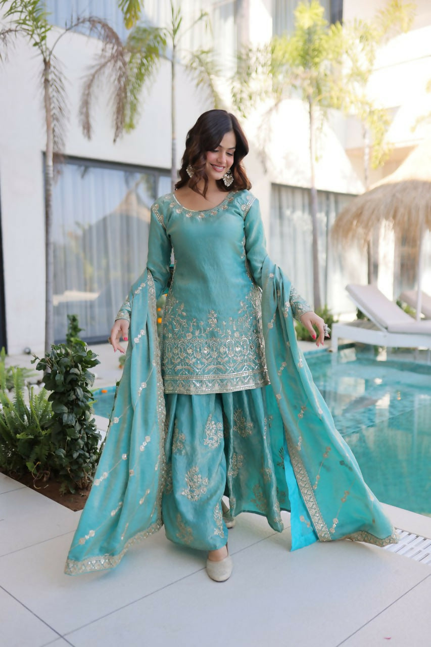 Teeya Creation Womens New Sky Color Fendi Crush With Zari & Sequins Embroidered Work | Grocsy