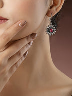 NVR Women's Silver-Toned Artificial Stones German Silver Oxidised Drop Earrings | Grocsy