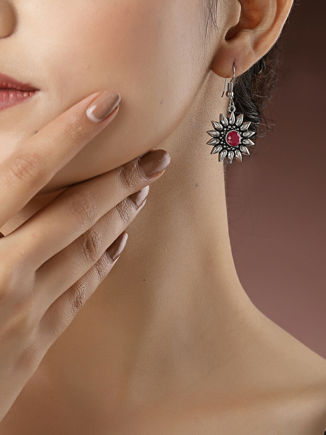 NVR Women's Silver-Toned Artificial Stones German Silver Oxidised Drop Earrings | Grocsy
